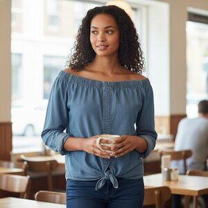 Polo Ralph Lauren Large Chambray Off the Shoulder Long Sleeve Top Shirt Size L